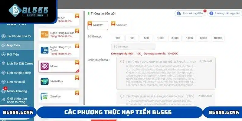 Các phương thức nạp tiền BL555